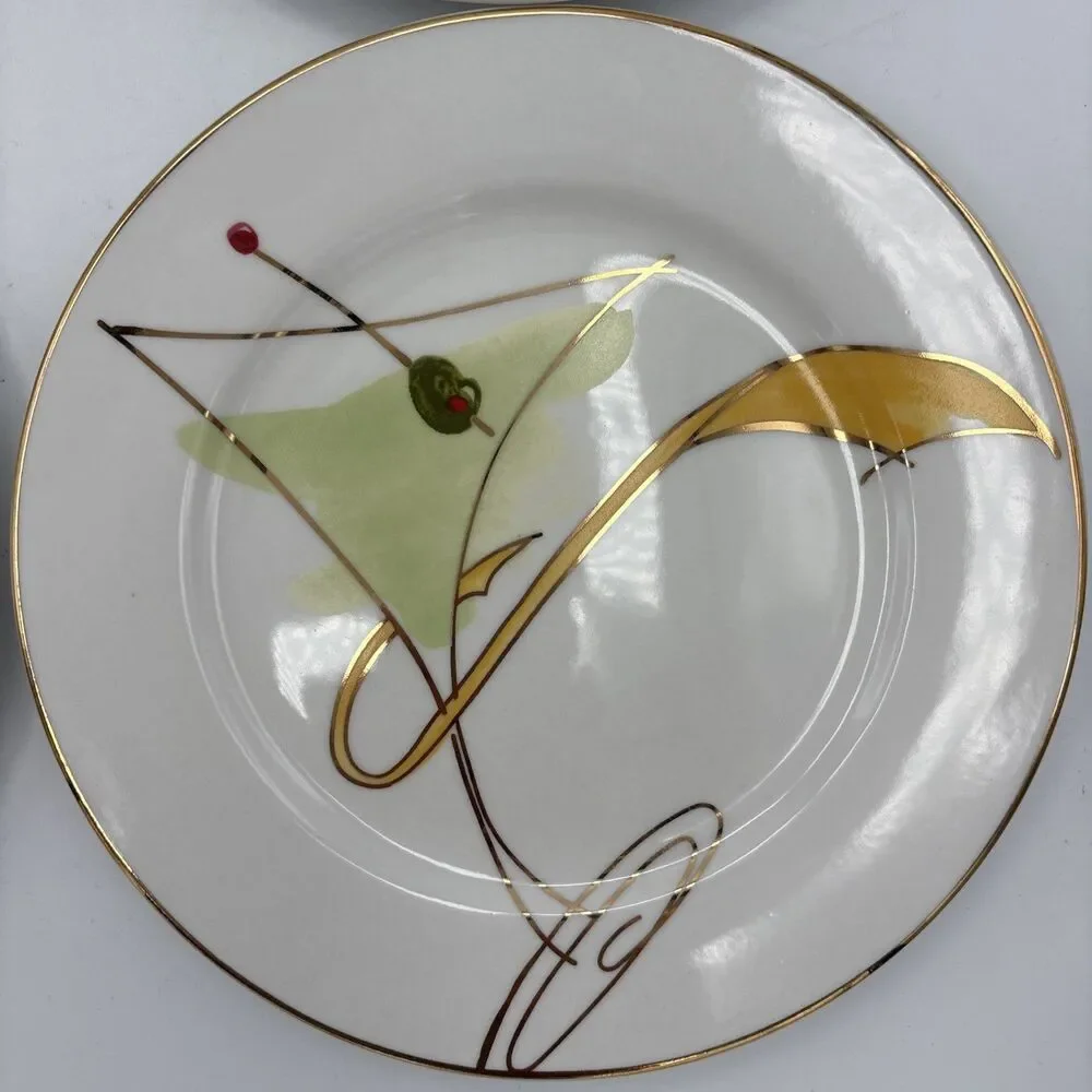Pier 1 Imports Martini Glass Appetizer Salad Plates Set of 4 Gold Rim 7.5